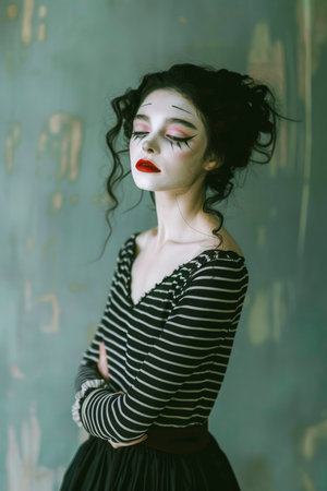 Mysterious Woman with Clown Makeup Posing in Vintage Clothing with Stripes, Artistic Portrait Photography AI Generativeの素材