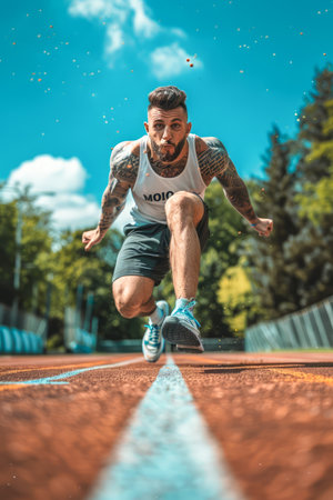 Dynamic Tattooed Man Sprinting on Track in Lush Park with Vivid Colors and Intense Focus AI Generativeの素材