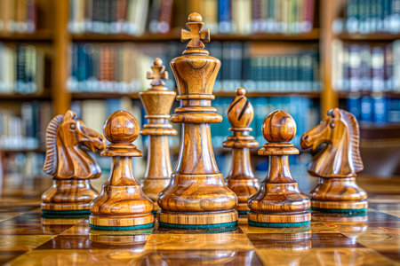 Classic Wooden Chess Pieces Strategically Placed on a Chessboard with a Blurry Bookshelf Background AI Generativeの素材