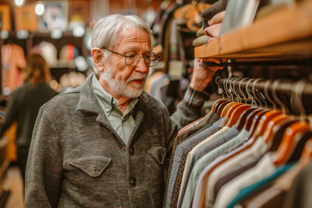 Senior Man Thoughtfully Browsing Through Clothes at a Vintage Clothing Store AI Generativeの素材