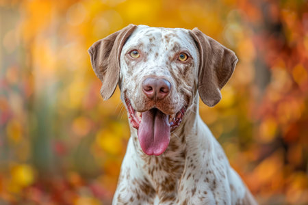 Happy Spotted Brown and White Dog Smiling with Tongue Out in Vibrant Autumn Nature Background AI Generativeの素材