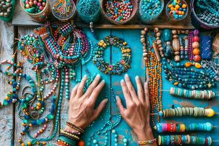 Colorful Assortment of Beaded Jewelry and Accessories on a Vibrant Display with Human Hands AI Generativeの素材