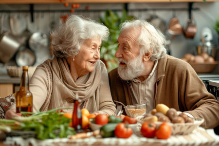 Elderly Couple Enjoying a Healthy Meal Together in a Cozy Kitchen Setting, Sharing Stories and Laughter AI Generativeの素材