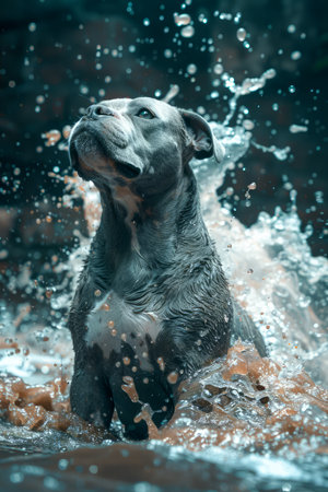 Energetic Dog Playing in Water Splashes Captured in Dynamic Outdoor Setting AI Generativeの素材
