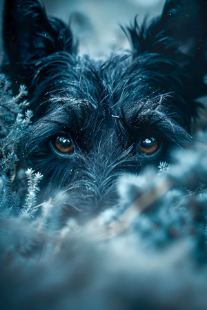 Close up Portrait of a Black Dog with Snowflakes on Fur Hiding in Wintry Blue Toned Foliage AI Generativeの素材