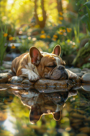 Peaceful French Bulldog Relaxing by Serene Pond in Sunlit Garden, Reflective Water and Pebbles AI Generativeの素材