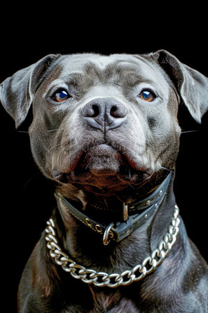 Powerful Close up Portrait of a Grey American Staffordshire Terrier Dog with Shiny Coat AI Generativeの素材
