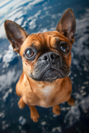 Curious French Bulldog Staring Upwards with a Vivid Blue Sky and Clouds in Background Adorable Pet Portrait AI Generativeの素材