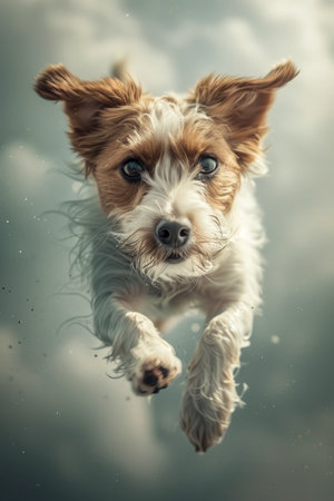 Adorable Fluffy Small Dog Mid Leap with Ears Floating in the Air Against a Cloudy Sky Background AI Generativeの素材