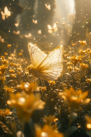 Majestic Monarch Butterfly Basking in the Sunlight Amongst Golden Wildflowers in a Serene Meadow Nature&#39;s Elegance Captured AI Generativeの素材