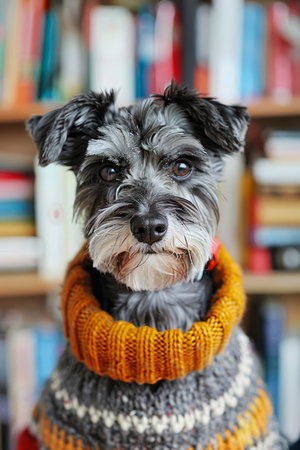Adorable Schnauzer Dog in Warm Knitted Sweater Sitting in Front of a Colorful Bookshelf AI Generativeの素材