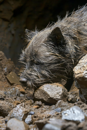 Close up View of a Dirty Small Dog Emerging from a Rugged Terrain Full of Rocks and Debris in Nature AI Generativeの素材
