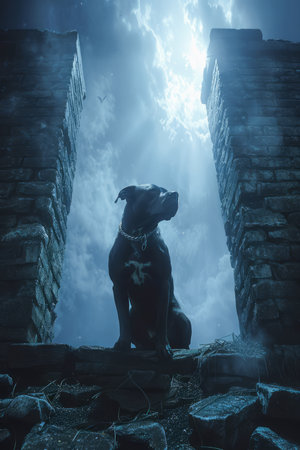 Majestic Black Dog Sitting on Ruined Stone Walls Under Mysterious Sky with Sun Rays AI Generativeの素材
