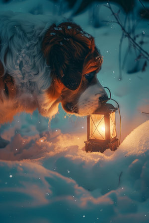 Majestic Saint Bernard Dog Carrying a Lantern in a Snowy Winter Wonderland at Night AI Generativeの素材