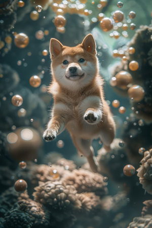 Adorable Shiba Inu Dog Swimming Underwater Surrounded by Bubbles with Corals Background AI Generativeの素材