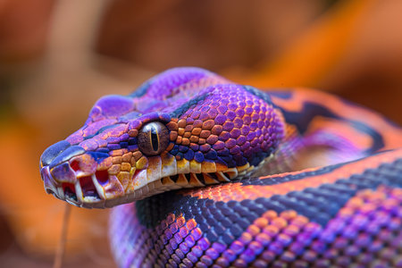 Vibrant Purple and Blue Boa Constrictor Snake Coiled Among Autumn Leaves in Natural Habitat AI Generativeの素材