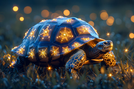 Magical Illuminated Tortoise Amongst Twilight Sparkles Enchanted Wildlife Concept in a Dreamy Meadow AI Generativeの素材