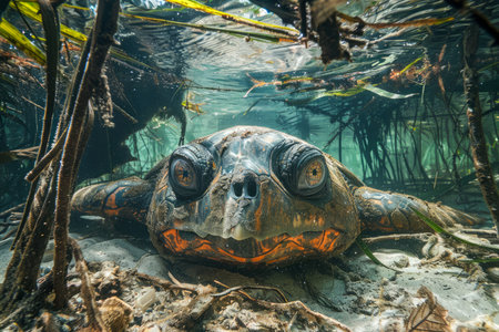 Close up of a Curious Turtle Swimming Underwater Amongst Sunlit Mangrove Roots in a Clear Blue Lagoon AI Generativeの素材