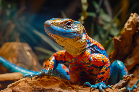 Vibrant Blue and Orange Patterned Reptile Perched on Wood in Natural Habitat Environment AI Generativeの素材