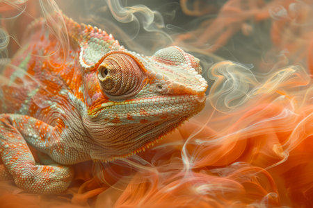 Vibrant Close up of Exotic Orange Panther Chameleon Amidst Wispy Smoke on a Blurred Background AI Generativeの素材