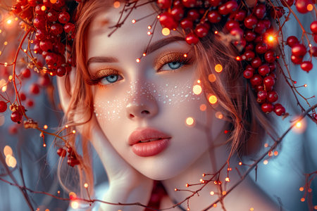 Enchanting Female Portrait with Ethereal Beauty Surrounded by Red Berries and Soft Bokeh Lights AI Generativeの素材