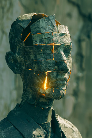 Abstract Cracked Stone Statue Head with Glowing Cracks on Textured Background Artistic Conceptual Photography AI Generativeの素材