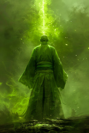 Mysterious Cloaked Figure in Enchanted Green Forest with Magical Light Beam AI Generativeの素材