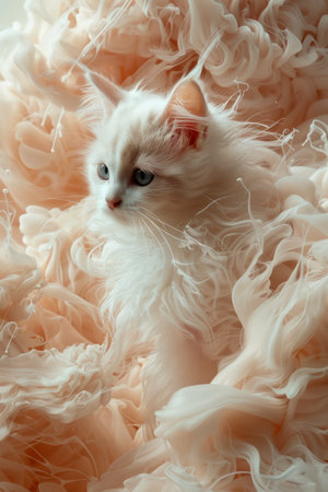 Elegant White Long Haired Cat Posing on Fluffy Pale Pink Fabric Background, Luxurious Pet Portrait, High End Feline Photography AI Generativeの素材