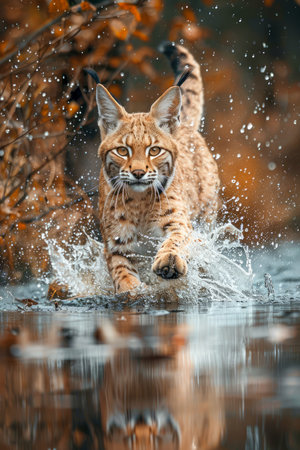 Majestic Lynx Prowling Vibrantly Through the Forest River, Splashing with Predator Grace in Autumn Scenery AI Generativeの素材