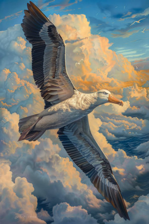 Majestic Albatross Soaring High in the Sky Amidst Fluffy Clouds at Sunset AI Generativeの素材