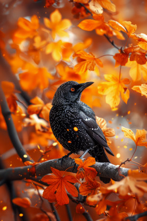 Autumnal Splendor with a Blackbird Perched Among Vibrant Orange Leaves, Nature&#39;s Beauty in Fall Season AI Generativeの素材