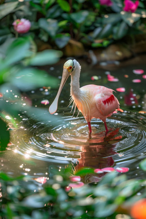 Elegant Roseate Spoonbill Standing in Serene Pond Surrounded by Lush Greenery and Floating Pink Petals AI Generativeの素材