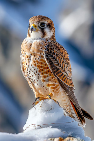 Majestic Wild Falcon Perched on Snow Captured in Natural Winter Habitat with Detailed Feather Texture AI Generativeの素材