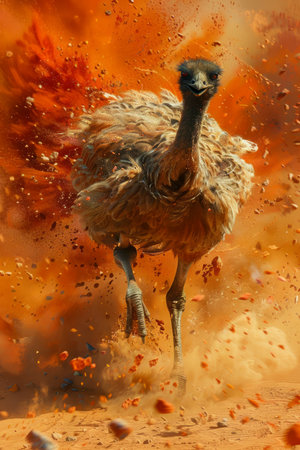 Majestic Emu in Dynamic Explosion of Colors, Abstract Artistic Interpretation of Wildlife Power and Beauty AI Generativeの素材