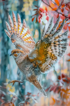 Majestic Bird of Prey in Flight Amongst Vibrant Autumn Leaves, Nature&#39;s Splendor Captured in a Stunning Wildlife Photograph AI Generativeの素材