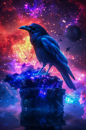 Majestic Raven Perched on Mystic Crystal in Cosmic Space with Stars, Nebula, and Cosmic Bodies Illuminated in Vibrant Colors AI Generativeの素材