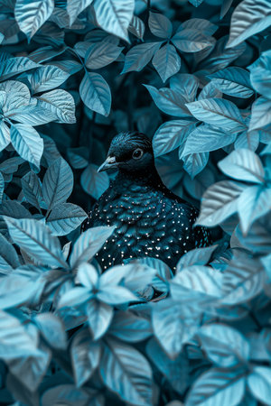 Mysterious Hidden Bird among Blue Tinted Foliage in Moody Natural Setting, Wildlife Camouflage in Nature Concept, Exotic Bird Peeking Through Leaves AI Generativeの素材
