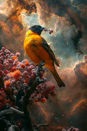 Majestic Yellow Bird Perched on Blossoming Branch Against Ethereal Cosmic Sky AI Generativeの素材