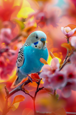 Vibrant Blue Budgerigar Perched on Blossoming Branch Against Dreamy Pink and Orange Bokeh Background AI Generativeの素材