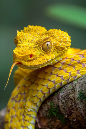 Close up Portrait of a Vibrant Yellow Eyelash Viper Snake with Forked Tongue on a Branch in Natural Habitat AI Generativeの素材