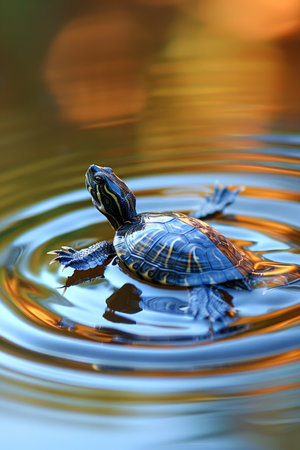 Close Up of a Serene Turtle Floating Gracefully in the Rippling Water with a Warm, Golden Sunset Reflection AI Generativeの素材