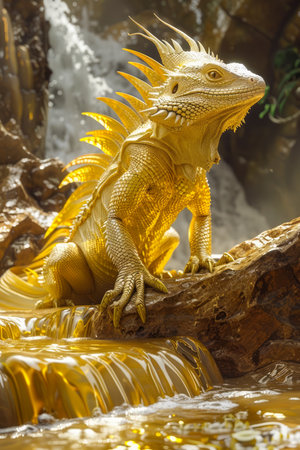 Majestic Golden Iguana Basking on a Log in a Lush Tropical Forest Environment with Sunlight Filtering Through AI Generativeの素材