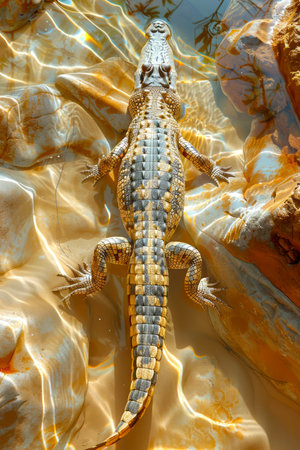 Majestic Crocodile Basking in the Sunlight on Riverside with Vivid Textures and Details of Scales in a Natural Habitat AI Generativeの素材