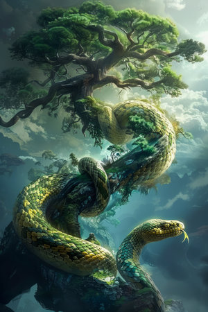 Majestic Serpent Entwined in an Ancient Tree in a Mystical Forest Fantasy Wildlife Concept Artwork for Creative Design AI Generativeの素材