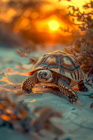 Majestic Tortoise Enjoying a Serene Sunset on Sandy Terrain Surrounded by Foliage AI Generativeの素材