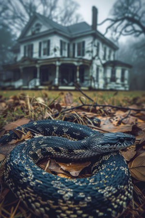 Mysterious Old Victorian House in a Foggy Autumn Setting with a Foreground Serpent AI Generativeの素材