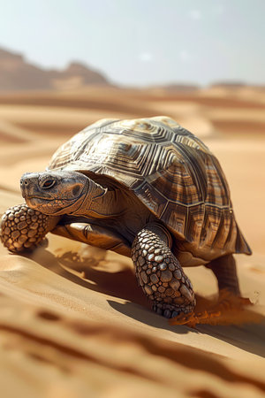 Majestic Tortoise Traversing Arid Desert Landscape with Golden Sand Dunes Under Clear Blue Sky AI Generativeの素材