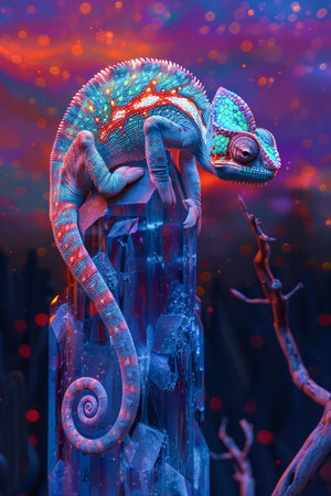 Surreal Chameleon with Vibrant Colors on Mystical Glowing Tree in Enchanted Forest Scene AI Generativeの素材