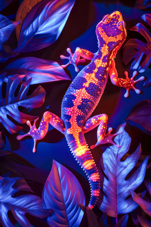 Vibrant Neon Colored Gecko Against a Lush Tropical Leaf Background in a Surreal Fantasy Setting AI Generativeの素材