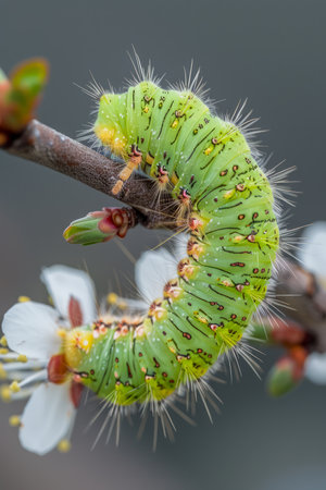 Close up of Vibrant Green Caterpillar on Blossoming Twig with White Flowers and Soft Bokeh Background AI Generativeの素材
